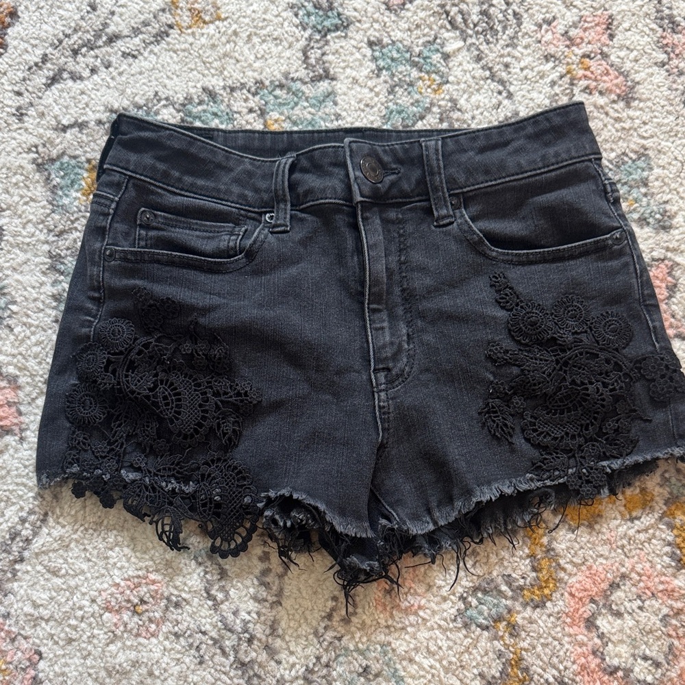 American Eagle Outfitters Black Denim Shorts with Lace Detail